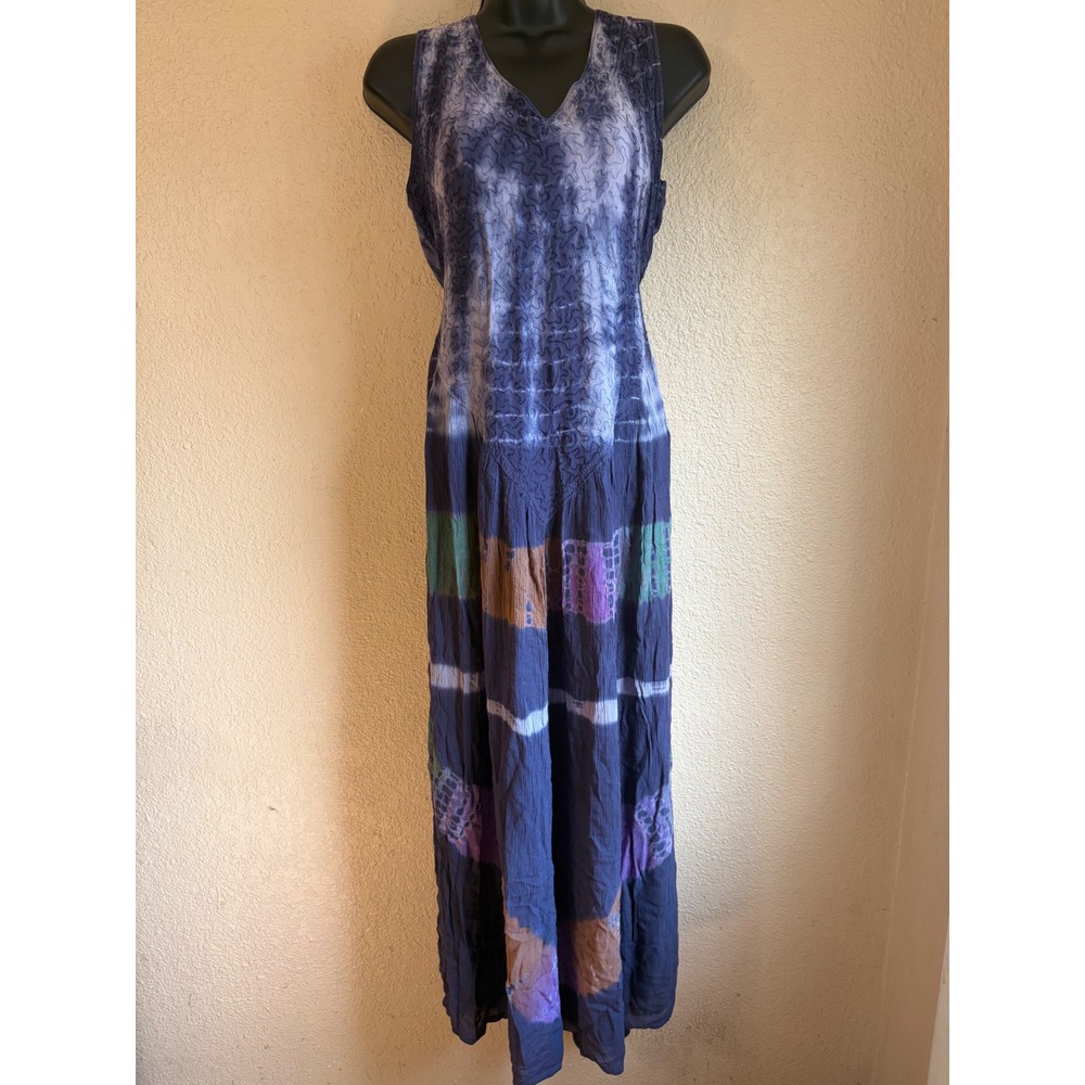 L'Pogee Tie Dye Embroidered Maxi Dress Blue Purple Sleeveless One Size Boho